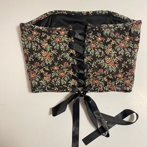 Jacquard Floral Embroidered Lace Up Bustier Corset Top M